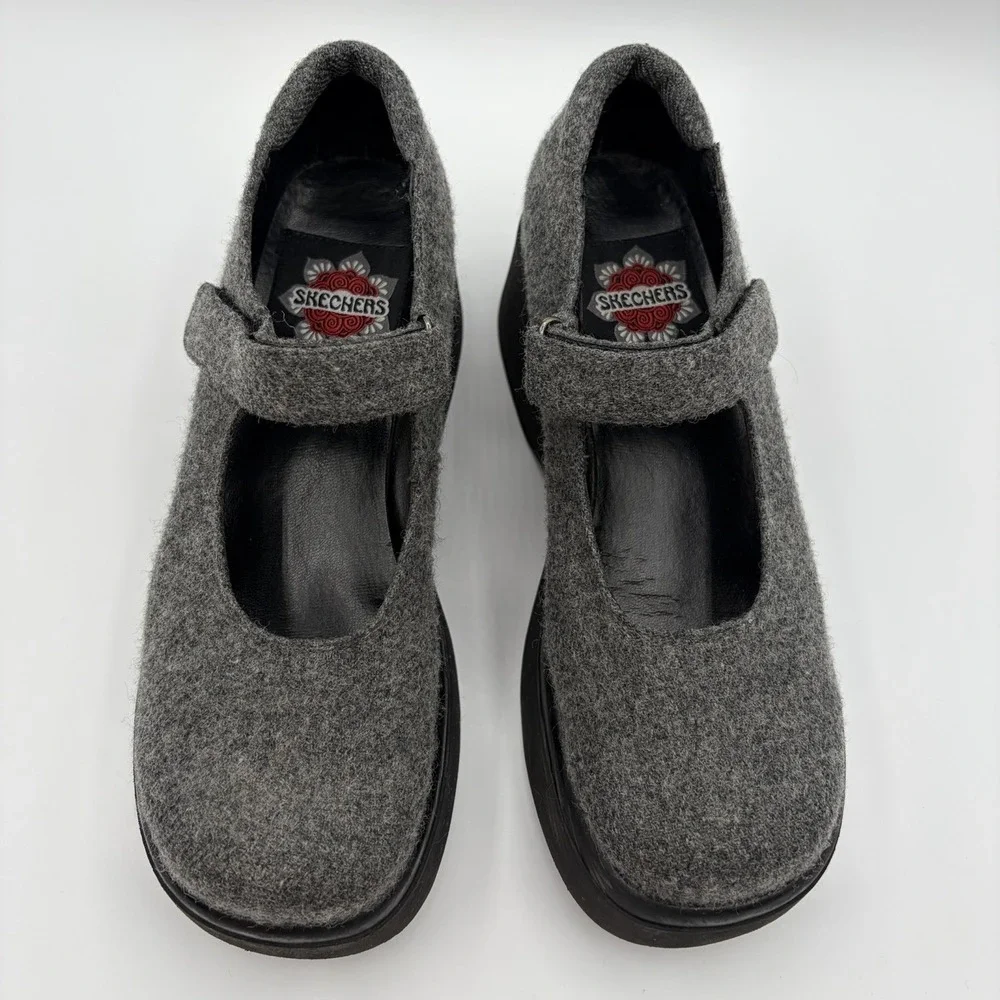 Vintage Skechers Mary Jane Platform Shoes Sz 7 Gray 90s Y2K Chunky Black Square